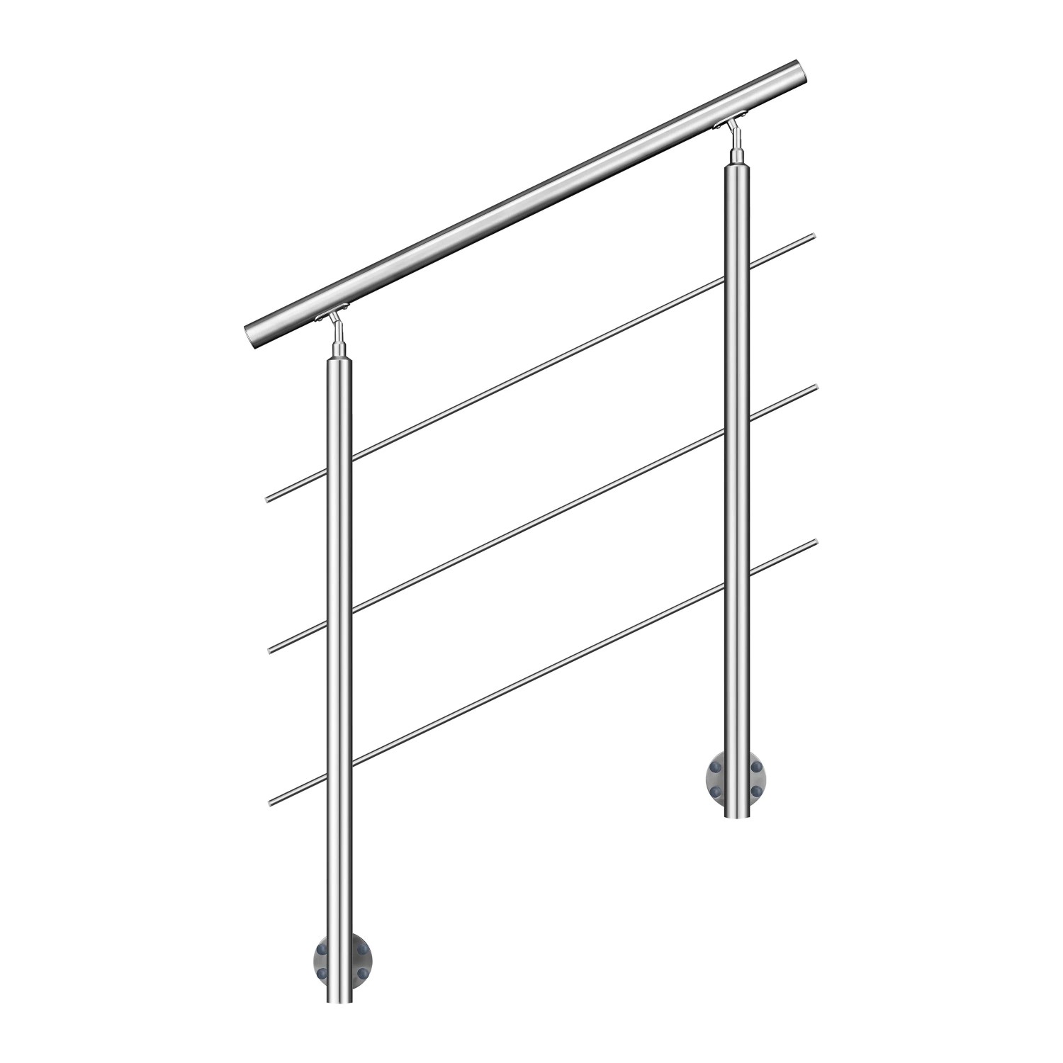 Edelstahl Geländer 100 cm mit 3 Querstäben, seitlicher Befestigung und schrägem Handlauf für Treppen.