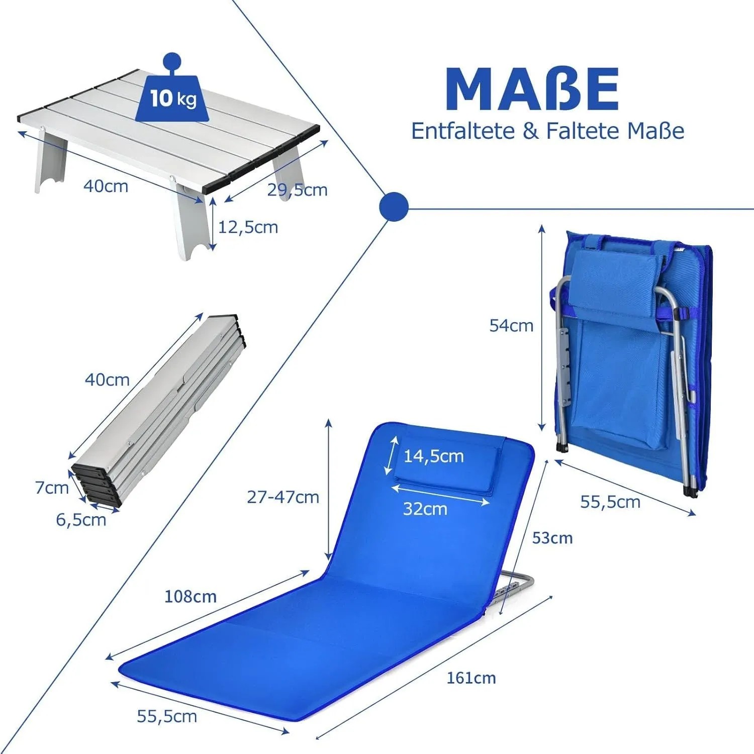 Costway 2er Set Strandmatte mit Beistelltisch Kopfkissen & Staufach Blau_3