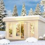 Naturbelassenes Karibu Gartenhaus Adelie (238x393x393 cm) im Winter.