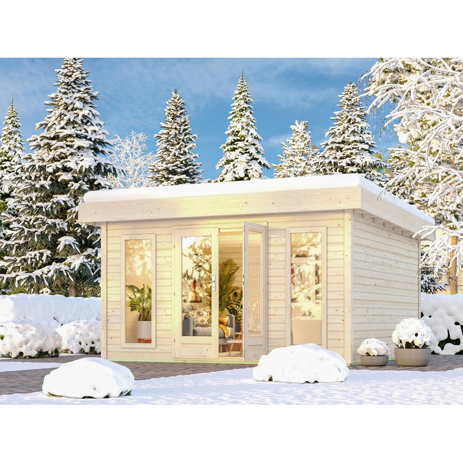 Naturbelassenes Karibu Gartenhaus Adelie (238x393x393 cm) im Winter.