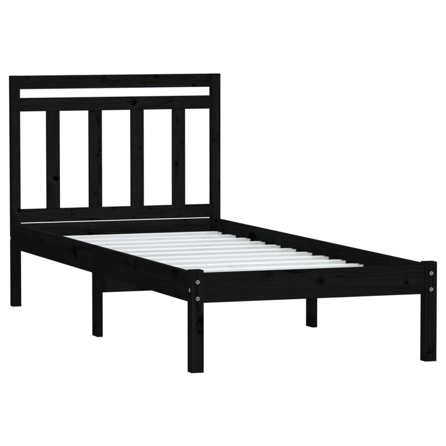 Schwarzes Massivholzbett 75x190 cm mit Lattenrost für Jugendzimmer oder Gästezimmer.