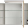 Posseik Spiegelschrank 90 cm Eiche Gold mit LED-Lampe und Glasböden, offene Türen.