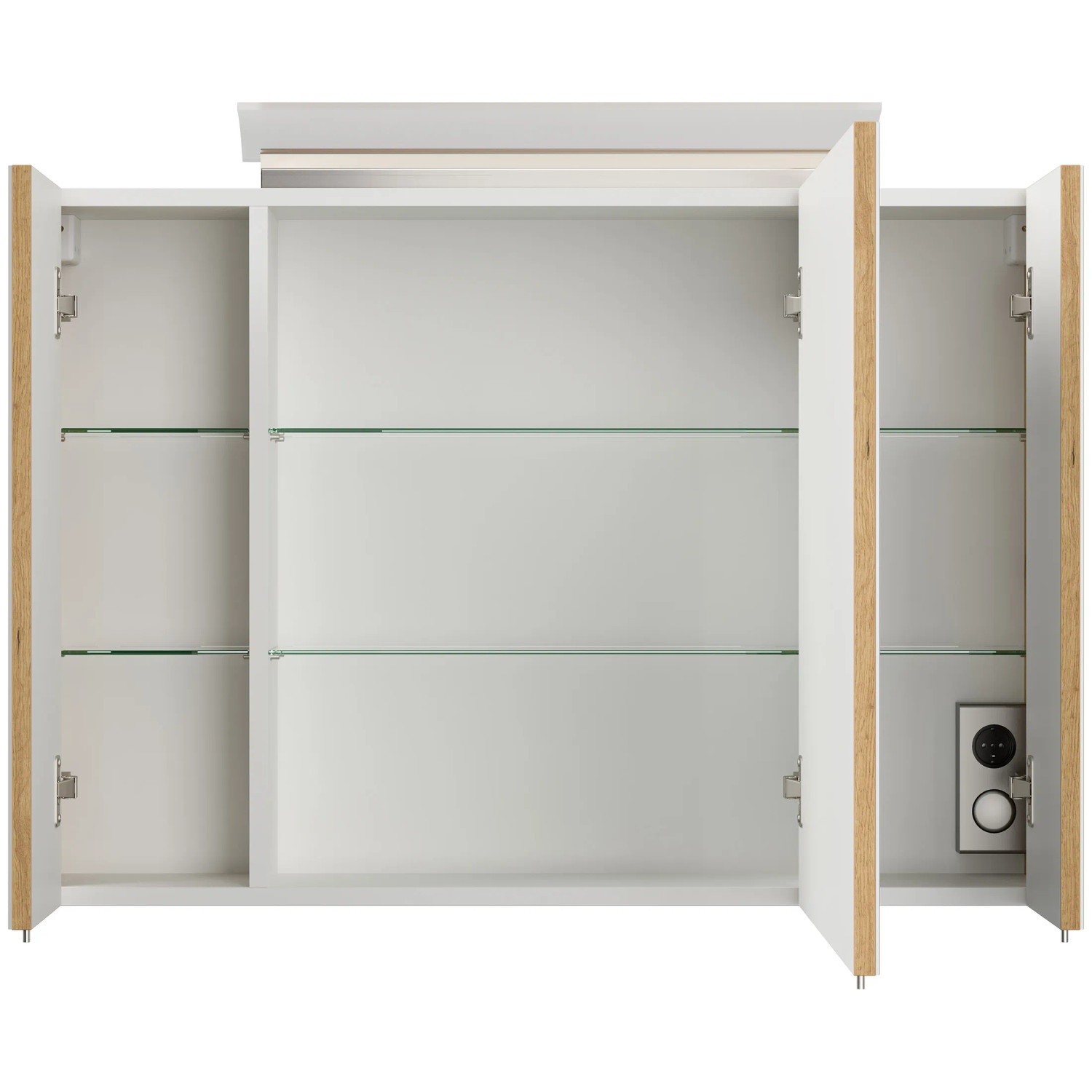 Posseik Spiegelschrank 90 cm Eiche Gold mit LED-Lampe und Glasböden, offene Türen.