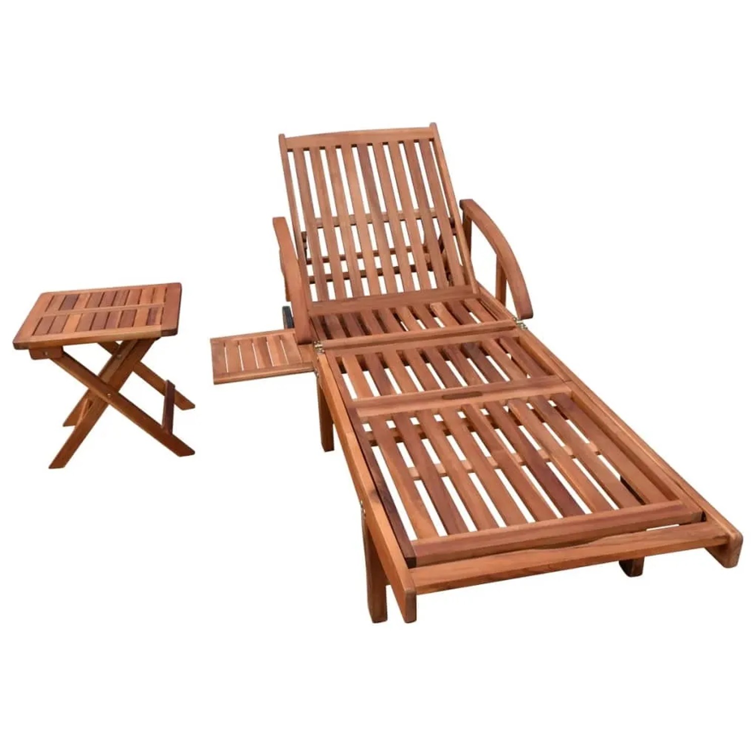 Sonnenliege mit Tisch aus Akazienholz, verstellbare Rückenlehne und Fußstütze.