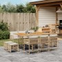 Beige 11-tlg. Garten Essgruppe aus Poly Rattan mit Tisch, Stühlen und Hockern mit Kissen.