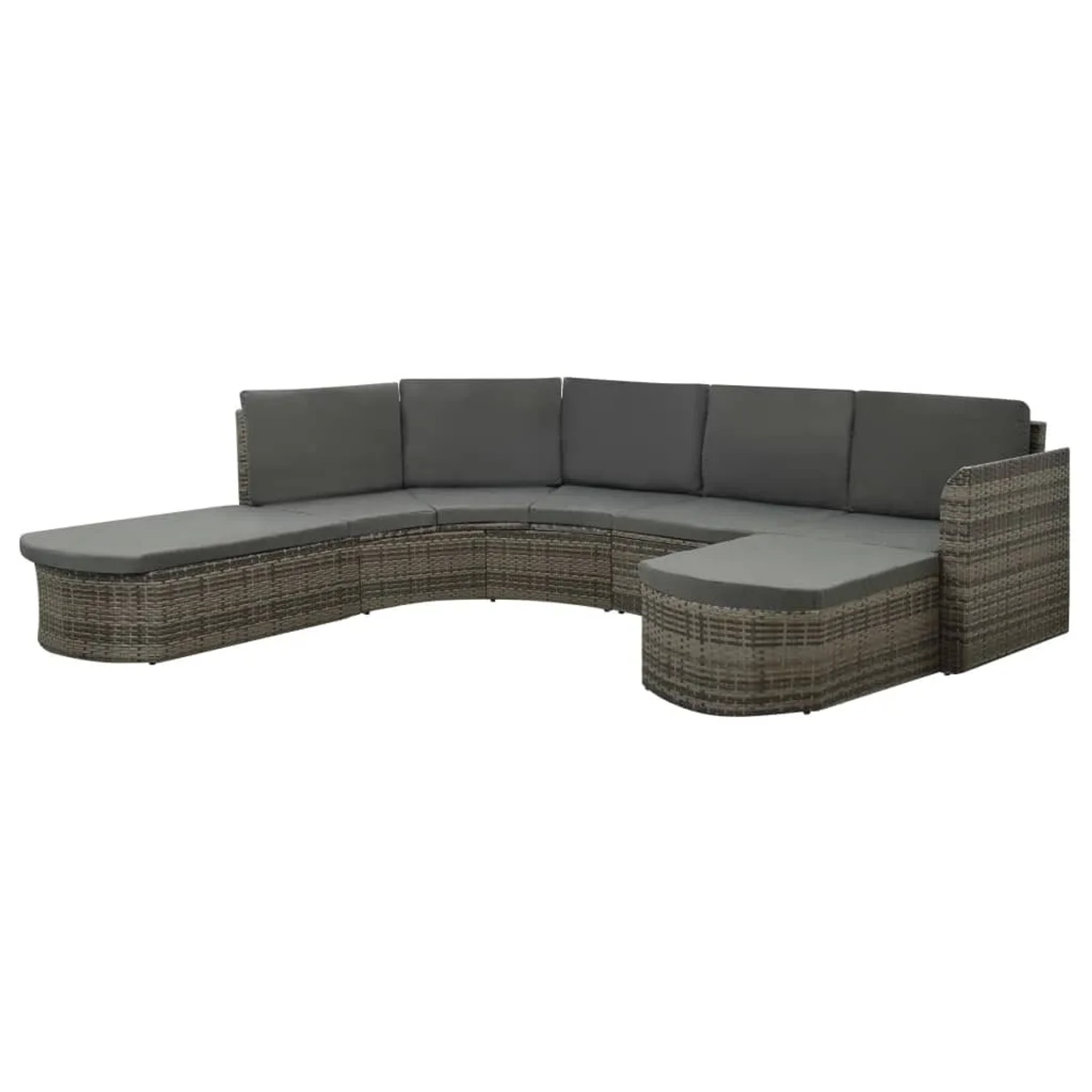 Graues vidaXL Garten Lounge Set aus Rattan mit anthrazitfarbenen Auflagen, bestehend aus Sofaelementen und Ottomanen.