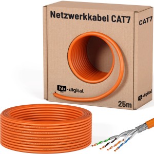 Orangefarbenes CAT 7 Netzwerkkabel, 25m, aufgerollt und in Kartonverpackung.
