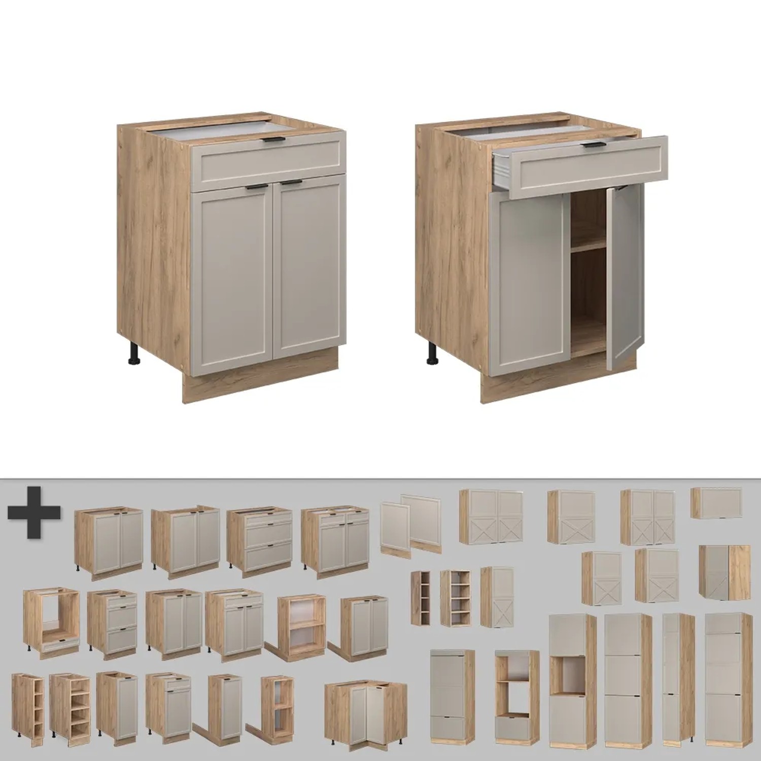 Vicco Schubunterschrank Fame-Line, grau-beige, 60 cm, mit Schublade und Arbeitsplatte in Marmor-Optik.