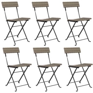 Set aus 6 grauen, klappbaren Bistrostühlen aus Polyrattan und Stahl für den Garten.