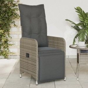 Verstellbarer Gartensessel aus Poly Rattan mit grauen Kissen, 2er Set.