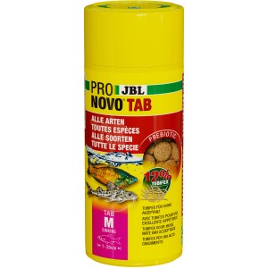 JBL Pronovo Tab M Tablettenfutter für Aquarienfische, gelbe Dose mit Fütterungsempfehlung.