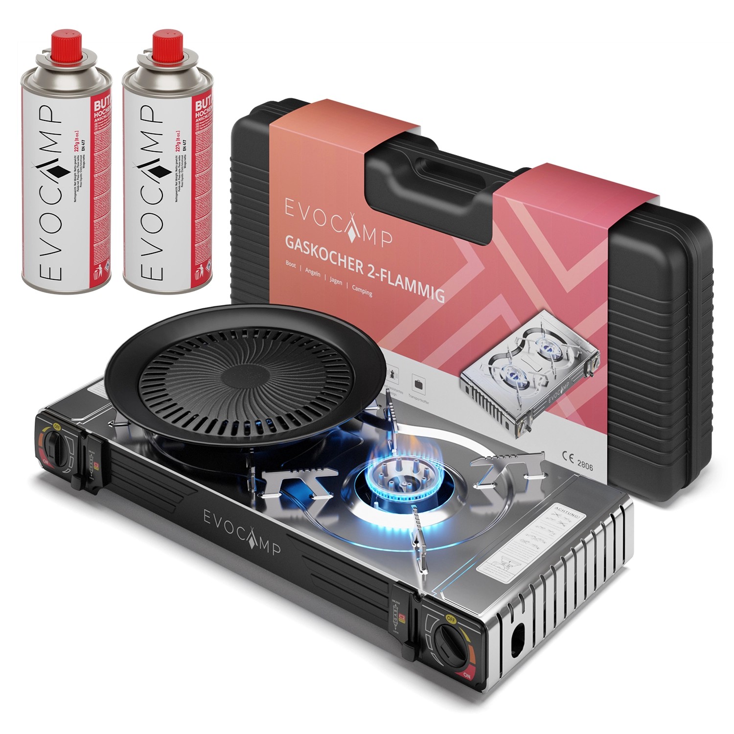 Evocamp Camping Gaskocher 2-Flammig mit Grillaufsatz Rund 32 cm und 2 227 g günstig online kaufen