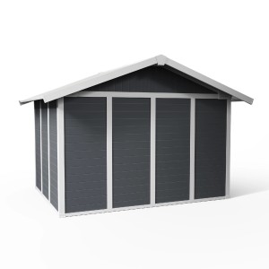 Grosfillex Kunststoff-Gartenhaus Deco H 7.5, dunkelgrau, mit Doppeltür und weißem Rahmen.