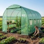 Grüne PE-Gitterfolie als Ersatz für 4x2x2m Folientunnel Gewächshaus. Mit Fenstern, offener Tür. Frau pflanzt im Garten.