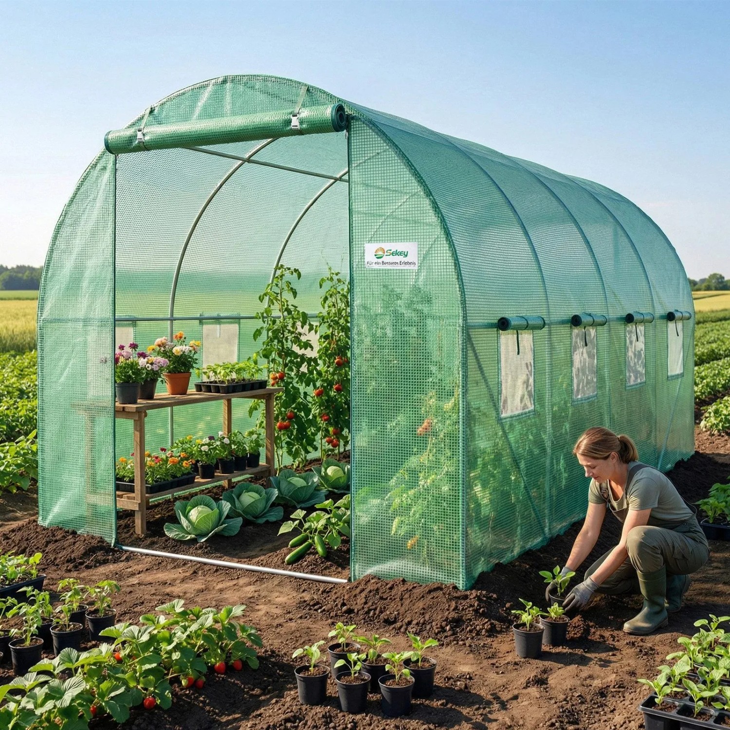 Grüne PE-Gitterfolie als Ersatz für 4x2x2m Folientunnel Gewächshaus. Mit Fenstern, offener Tür. Frau pflanzt im Garten.