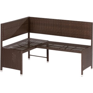 Braune Garten-Eckbank 3-Sitzer aus Polyrattan mit Kissen für den Balkon.