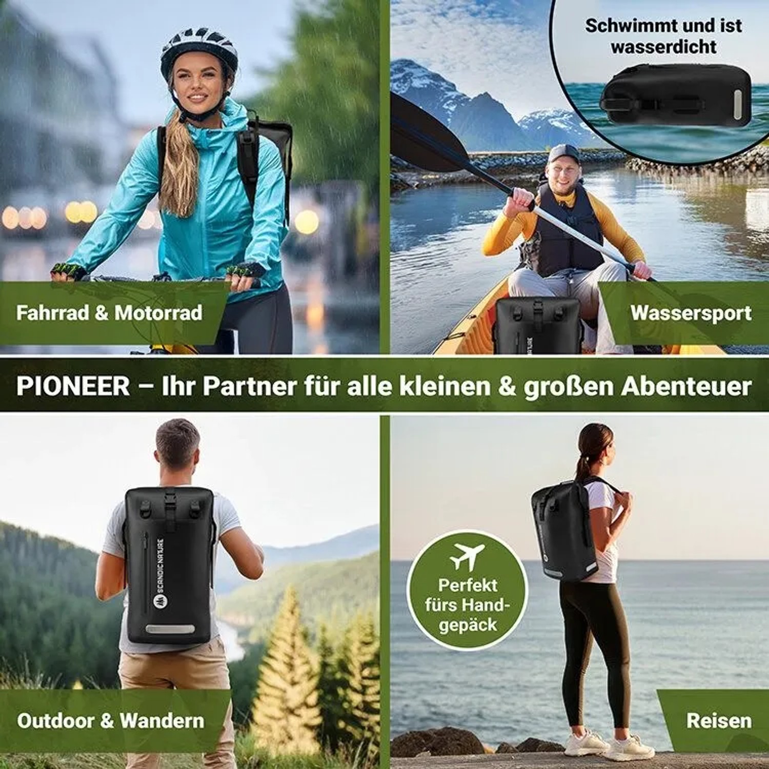 SCANDIC NATURE Pioneer Rucksack, 35L, schwarz, wasserdicht, für Outdoor, Reisen und Alltag.