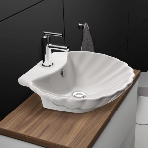 Weißes NEG Uno38A Aufsatz-Waschbecken in Muschel-Form auf Holzplatte. Glänzende Keramik für modernes Bad-Design.