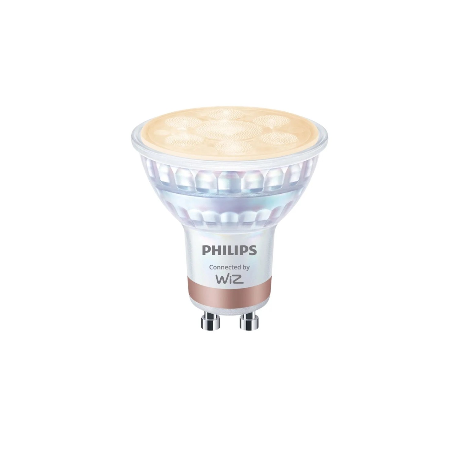 Philips Smart-LED-Leuchtmittel GU10, weiß mit Metallring, warmweißes Licht, WiZ-Steuerung für Lichtstimmung.