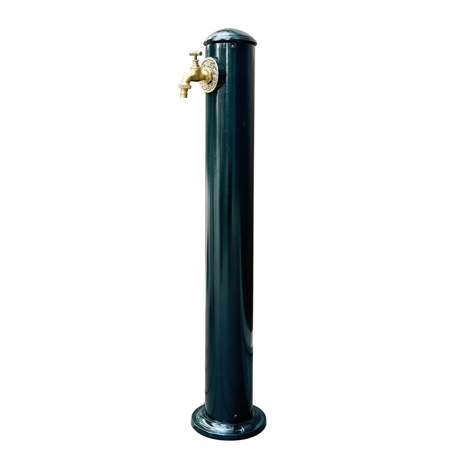 Grüne Wasserzapfsäule aus Aluminium und Stahl im Antik-Design mit Messing-Wasserhahn für den Garten.