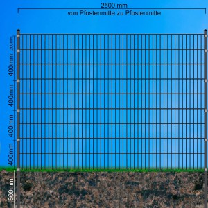 Moosgrüne Doppelstabmatte 6/5/6 mm, 250x183 cm, für Gartenzaun. Robuste Zaunmatte.