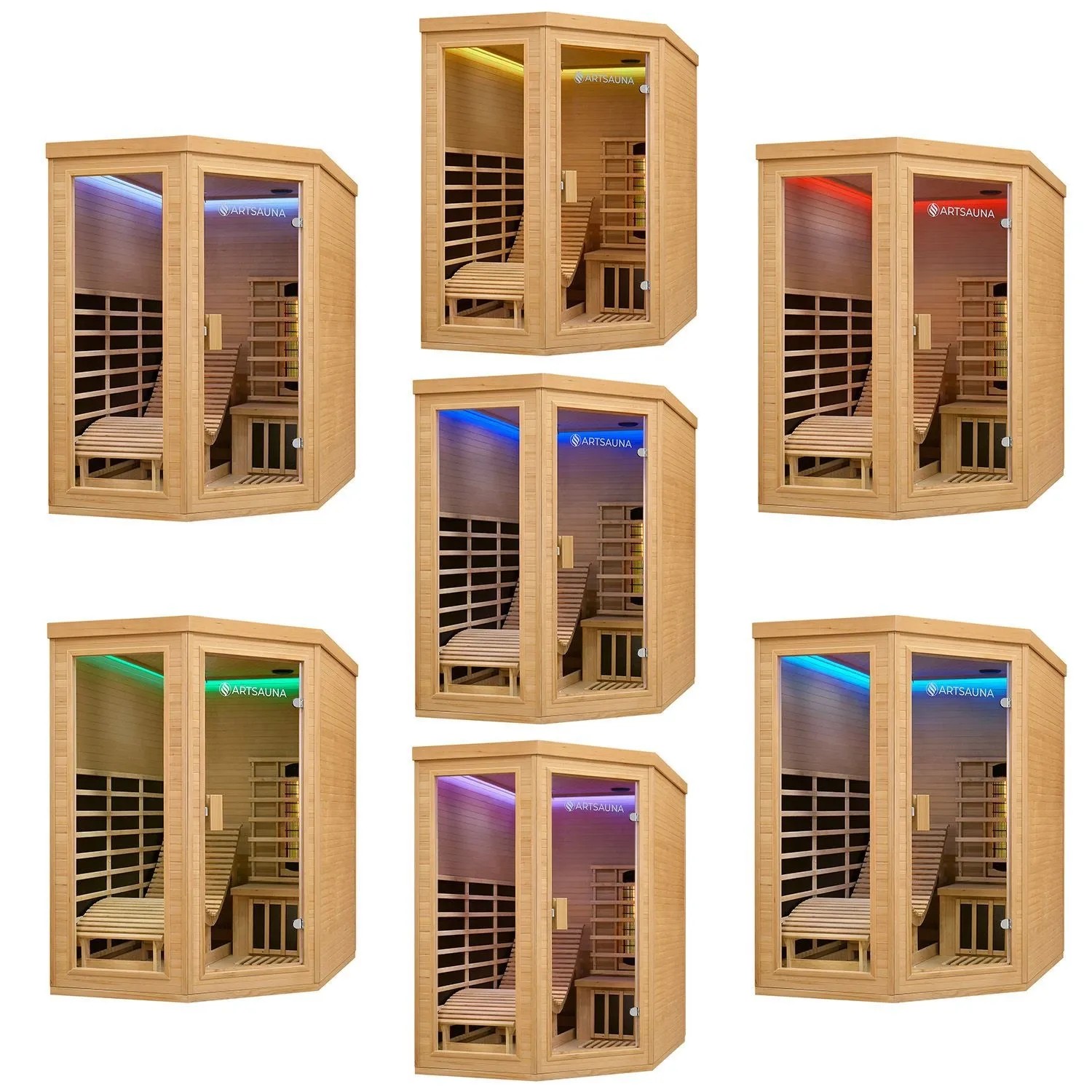Artsauna Infrarotkabine Kolding mit LED-Farblicht und Hemlockholz, verschiedene Farbvarianten.