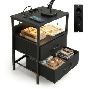 Schwarzer Relaxdays Beistelltisch/Nachttisch mit LED, USB und Schubladen, 60x40x30 cm.