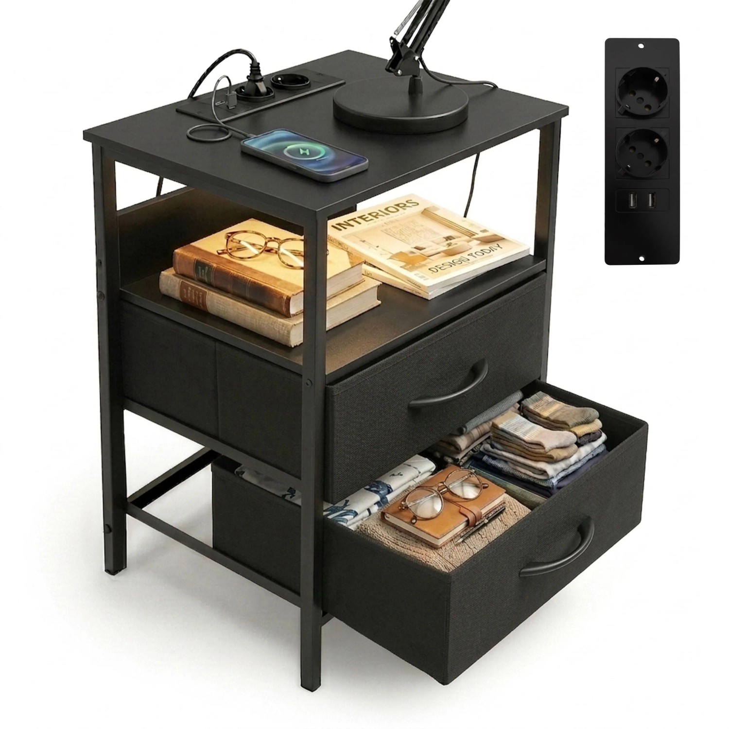 Relaxdays Beistelltisch MDF Eisen Vlies Schwarz LED USB-Anschluss Dimmbar 60 cm x 40 cm x 30 cm
