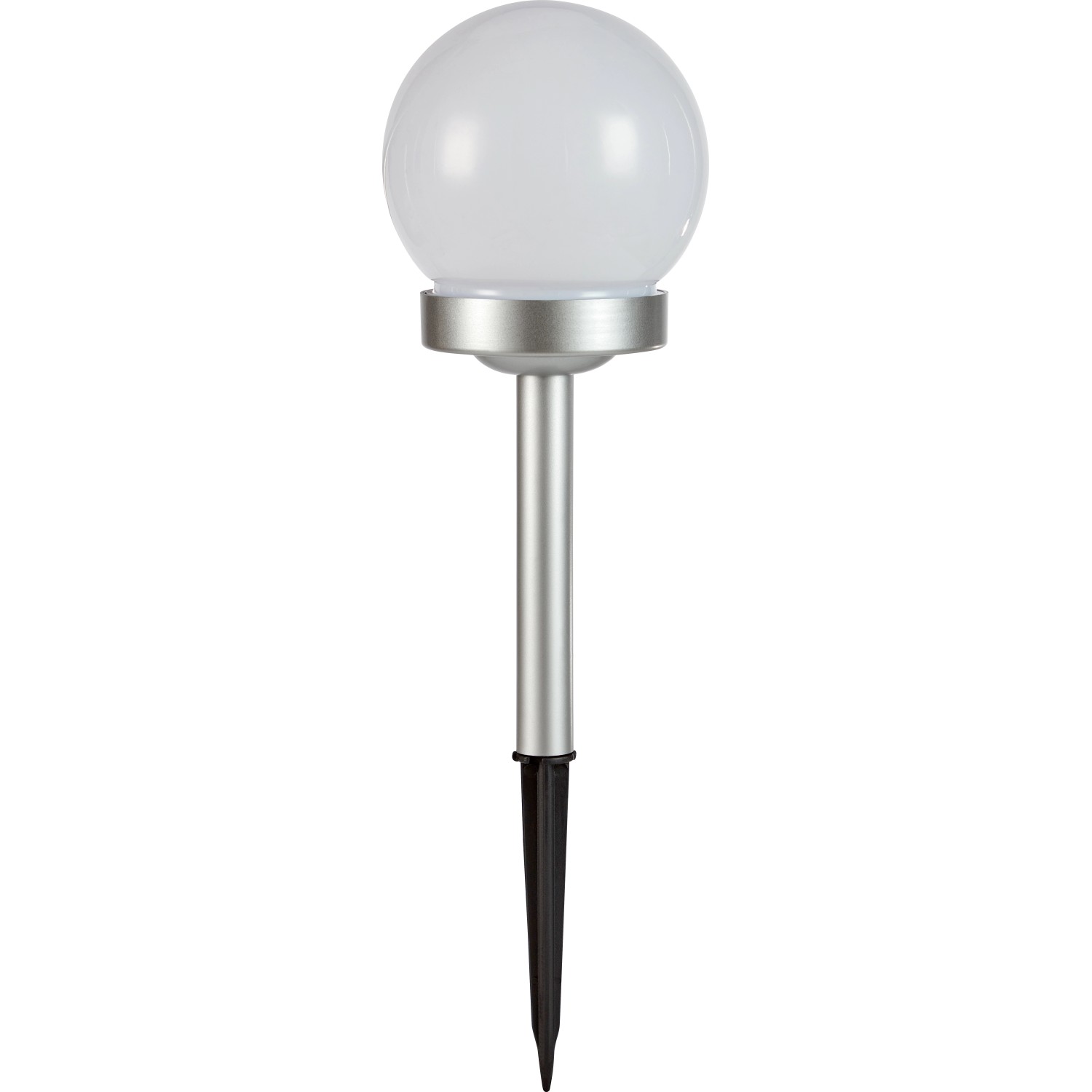 Weiße Solar-Dekokugel mit silbernem Spieß für den Garten. Solar-Kugel mit Erdspieß.