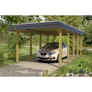 Skan Holz Walmdach-Einzelcarport Spreewald mit schwarzer Blende und Auto.