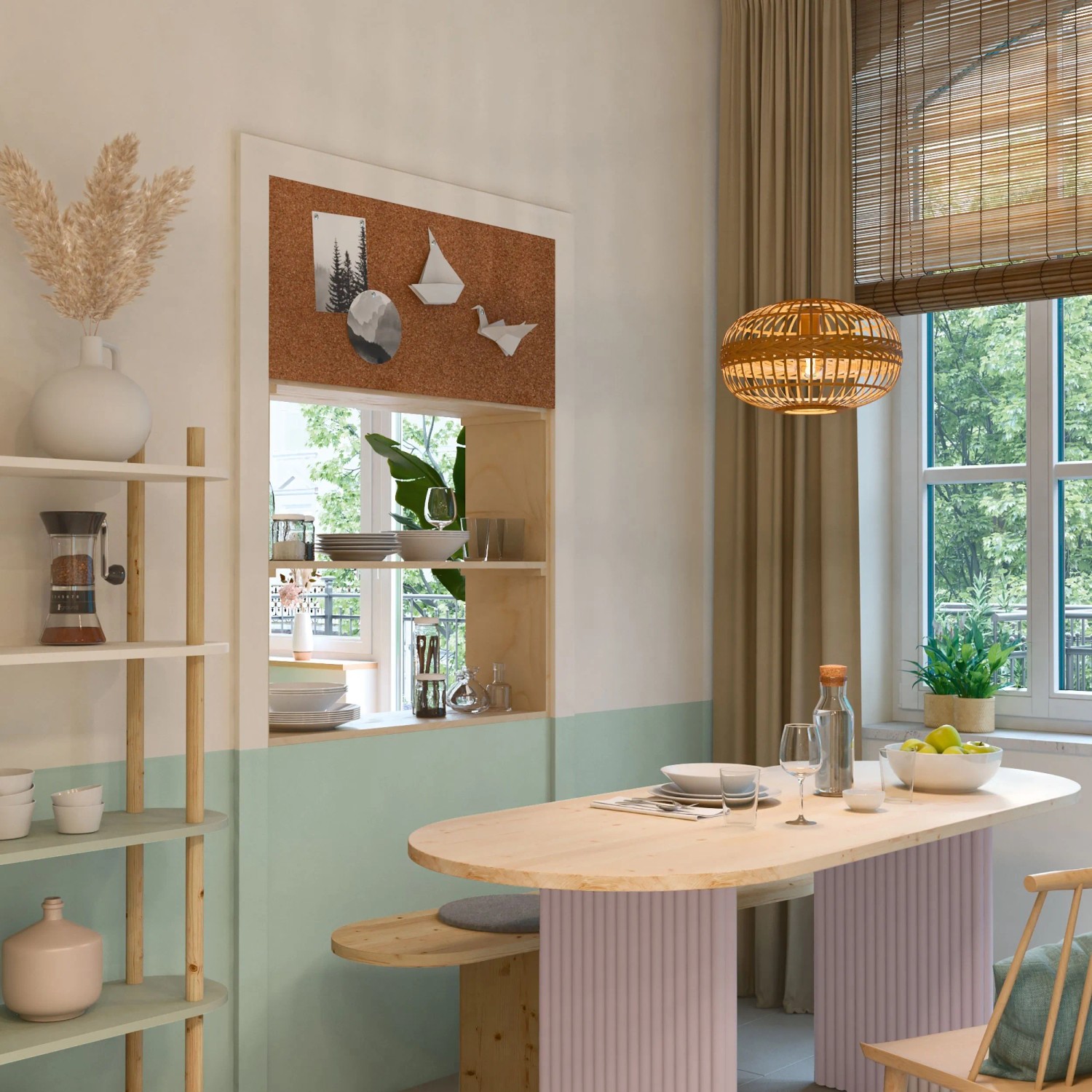 Wohnraum mit CREATE! by OBI Wandfarbe Maja Jadegrün, Esstisch und Dekoration.