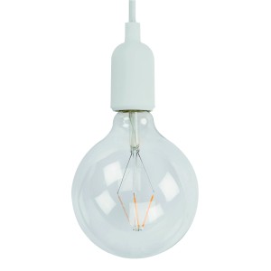 Weißes Lampen-Textilkabel mit Fassung und LED-Leuchtmittel, 1,4 m lang.