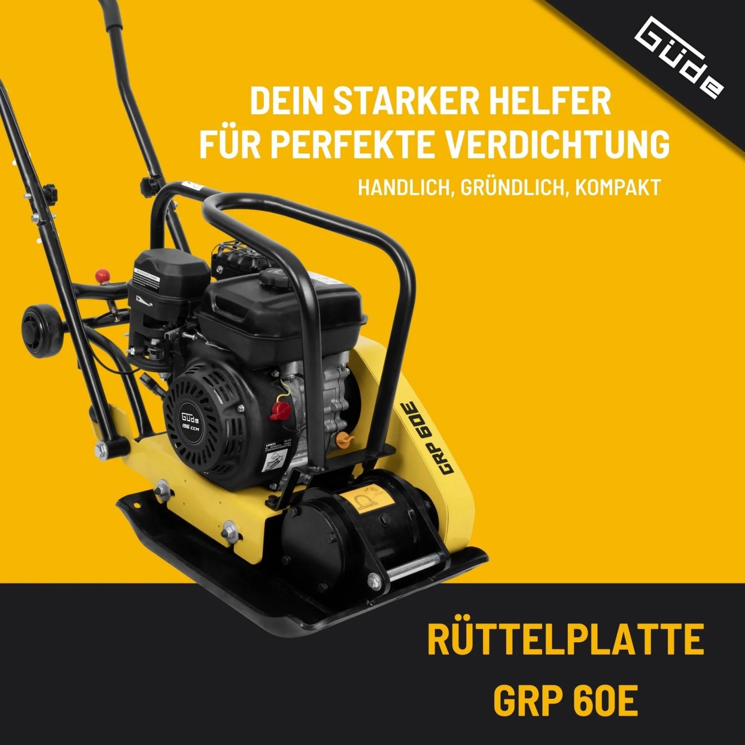 Gelbe Güde Rüttelplatte GRP 60E, eine Baumaschine zum Verdichten von Flächen.