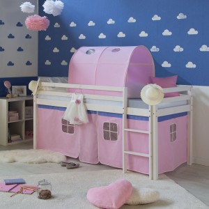 Homestyle4u Hochbett 90x200 mit Vorhang Lattenrost Matratze Tunnel in Weiß 2557