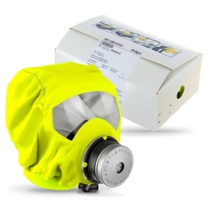 Dräger PARAT 5510 Brandfluchthaube mit Filter und Verpackung.