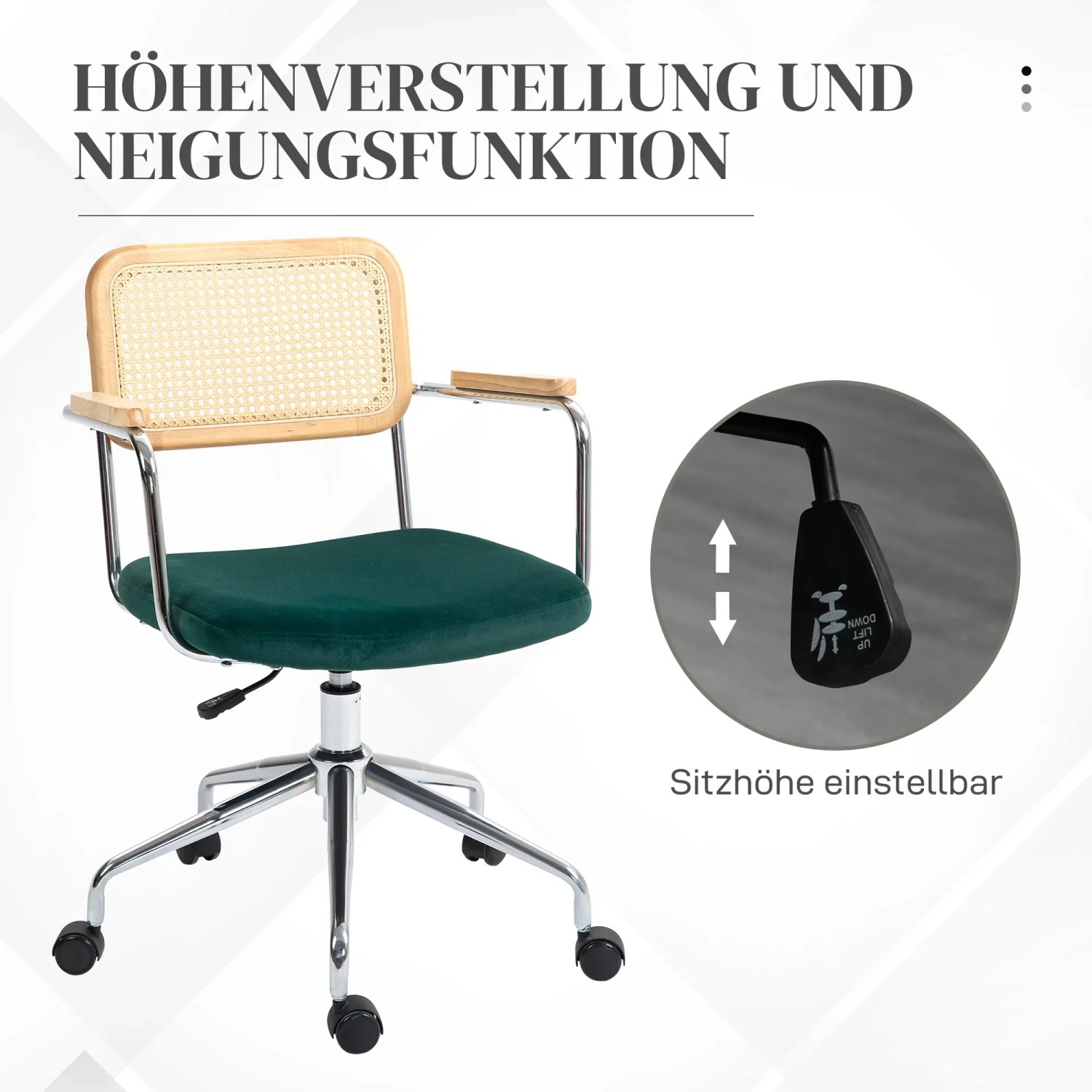 HOMCOM Bürostuhl in Rattanoptik mit grünem Samtsitz und Höhenverstellung.