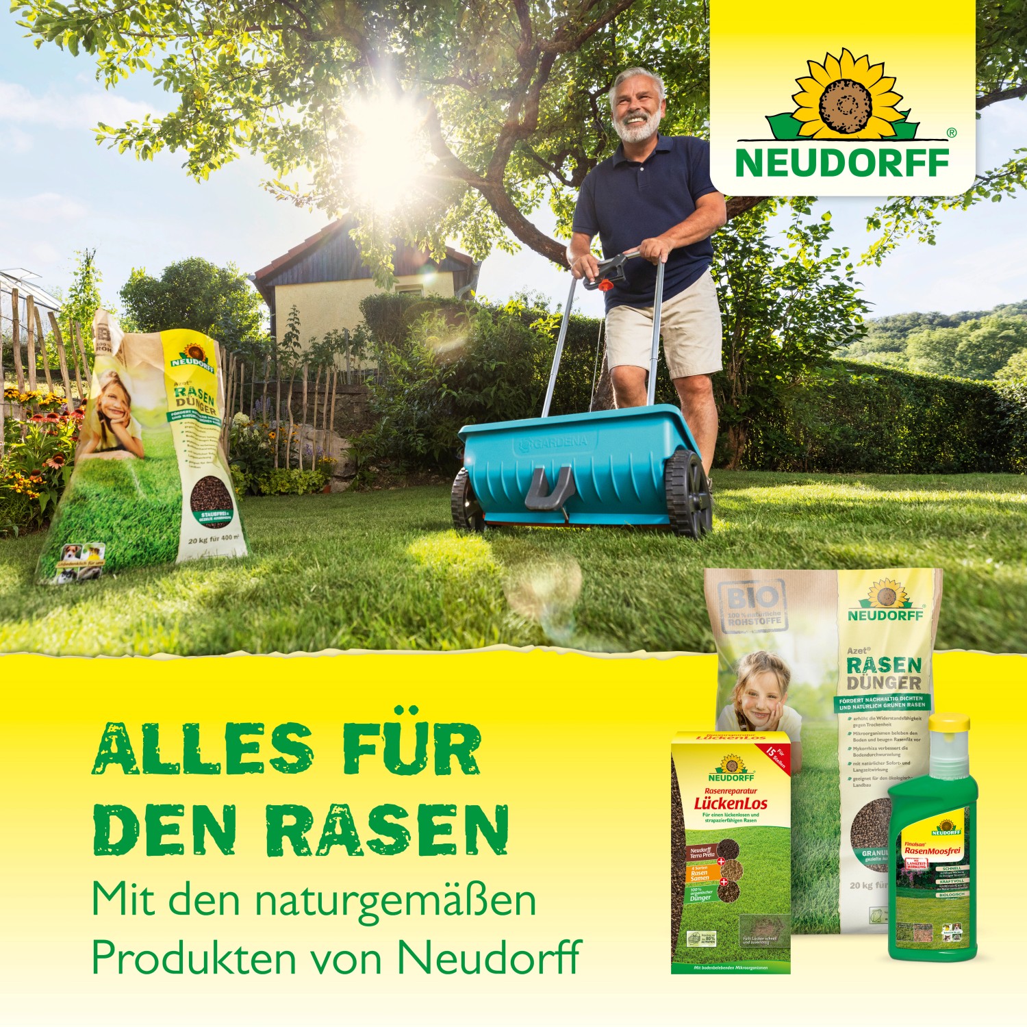 Neudorff Rasenpflege-Produkte: Dünger, Saatgut und Bodentest für einen gesunden Rasen.