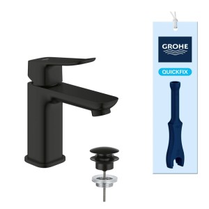 Grohe Einhand-Waschtischarmatur Dice S-Size Mattschwarz mit Push-open Ablaufgarnitur und Montagewerkzeug.