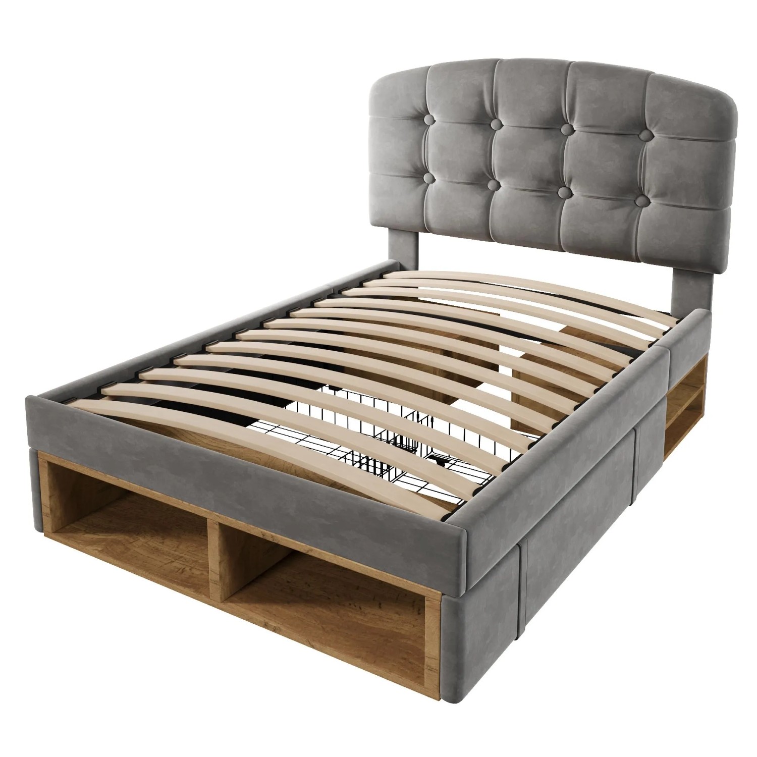 Merax Einzelbett 90x200 cm Polsterbett Samt Grau Stauraum