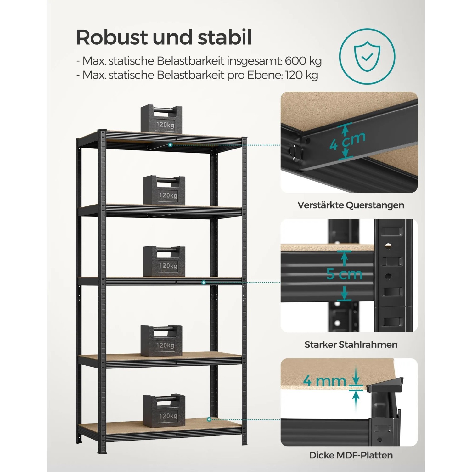 Schwarzes Songmics Lagerregal, 50x100x200 cm, mit 5 Böden und Gewichtsangaben.