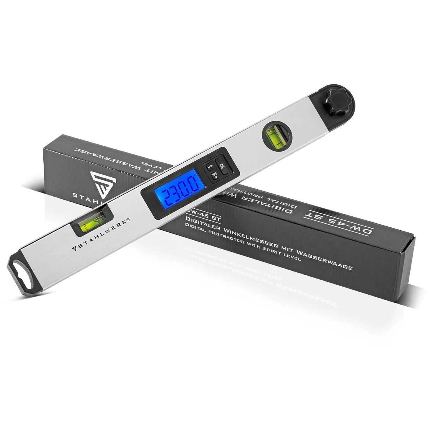STAHLWERK Digitaler Winkelmesser DW-45 ST aus Aluminium mit LCD-Display und Wasserwaage.