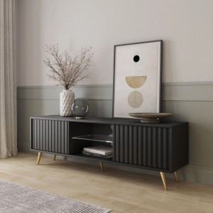 TV-Hängeboard Bello 135 cm Schwarz / Lamelle mit Goldenen Beinen