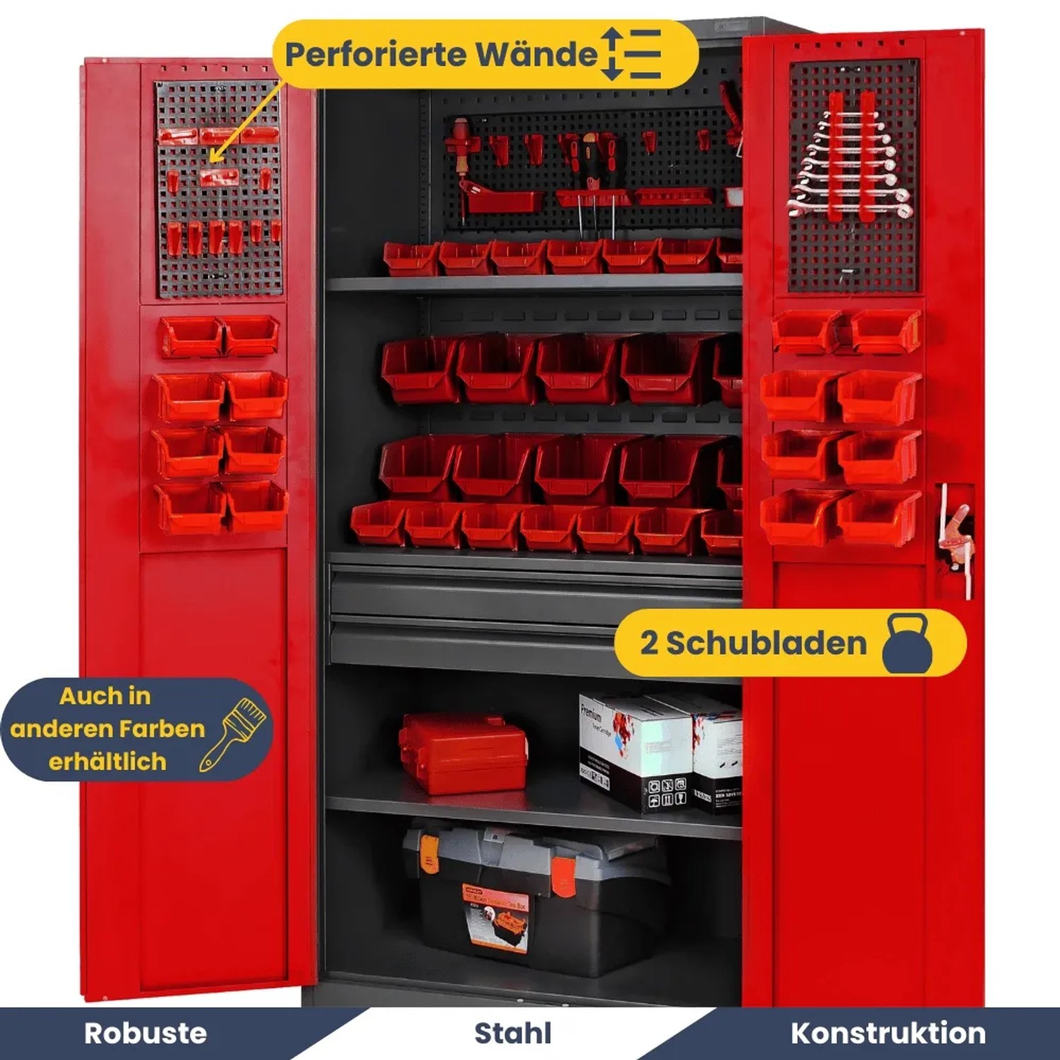 Offener, anthrazit-roter DELUKE Werkzeugschrank mit Lochwand, Schubladen und Werkzeug.