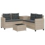 Hellgraues vidaXL Gartensofa in L-Form mit Tisch und grauen Kissen aus Polyrattan.