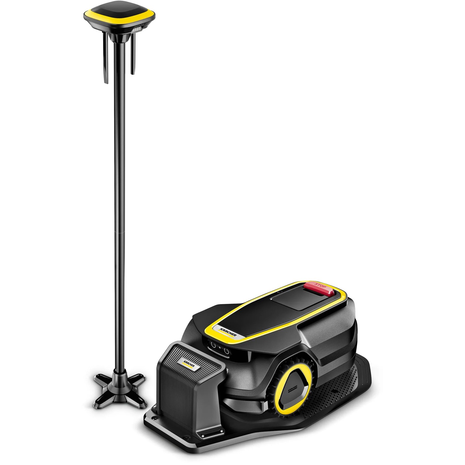 Kärcher RCX 4 Mähroboter mit Ladestation und RTK-Antenne für bis zu 1500 m² Rasenfläche.