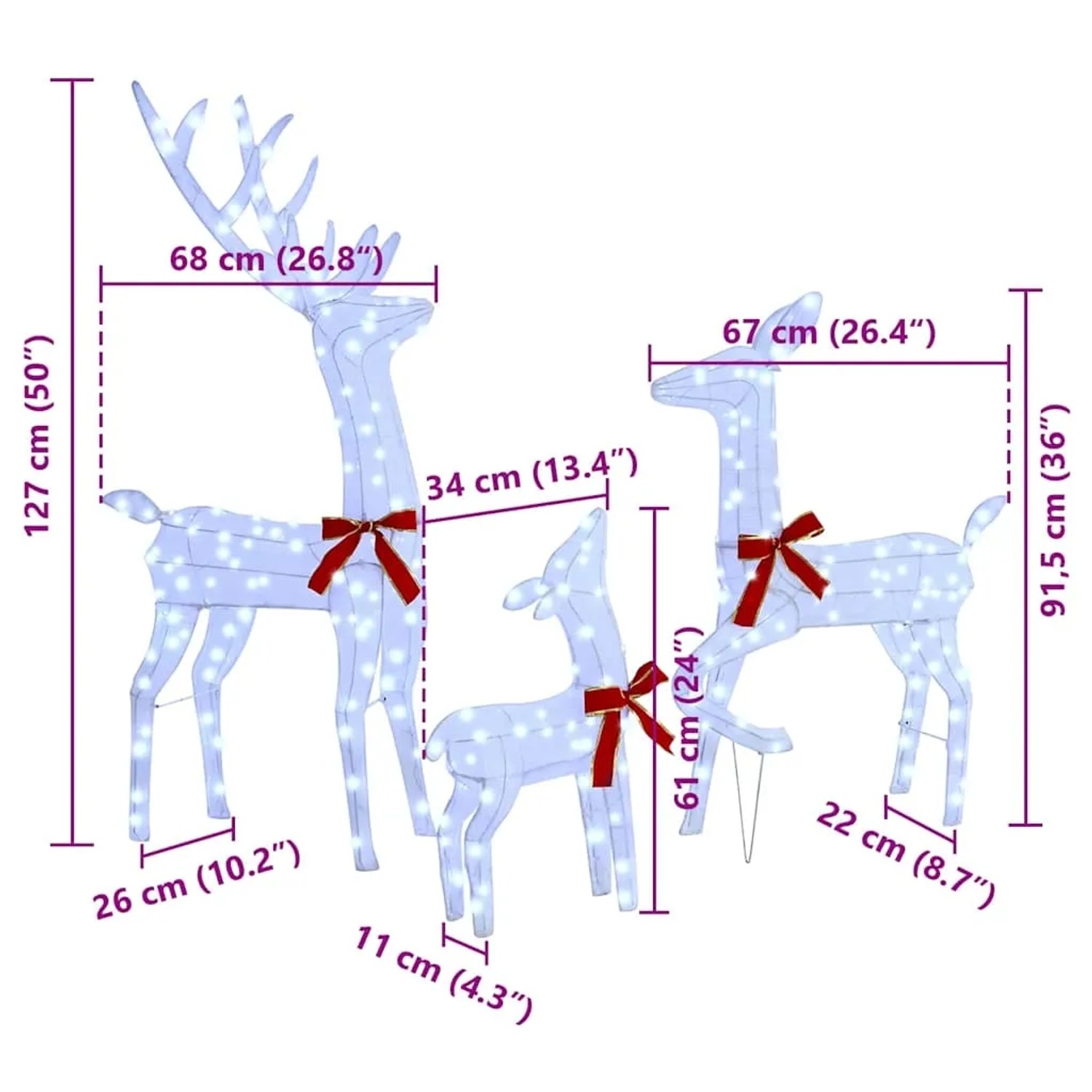 vidaXL Rentierfamilie, 3er Set, kaltweiß, aus Stoff mit roten Schleifen, Weihnachtsdekoration.