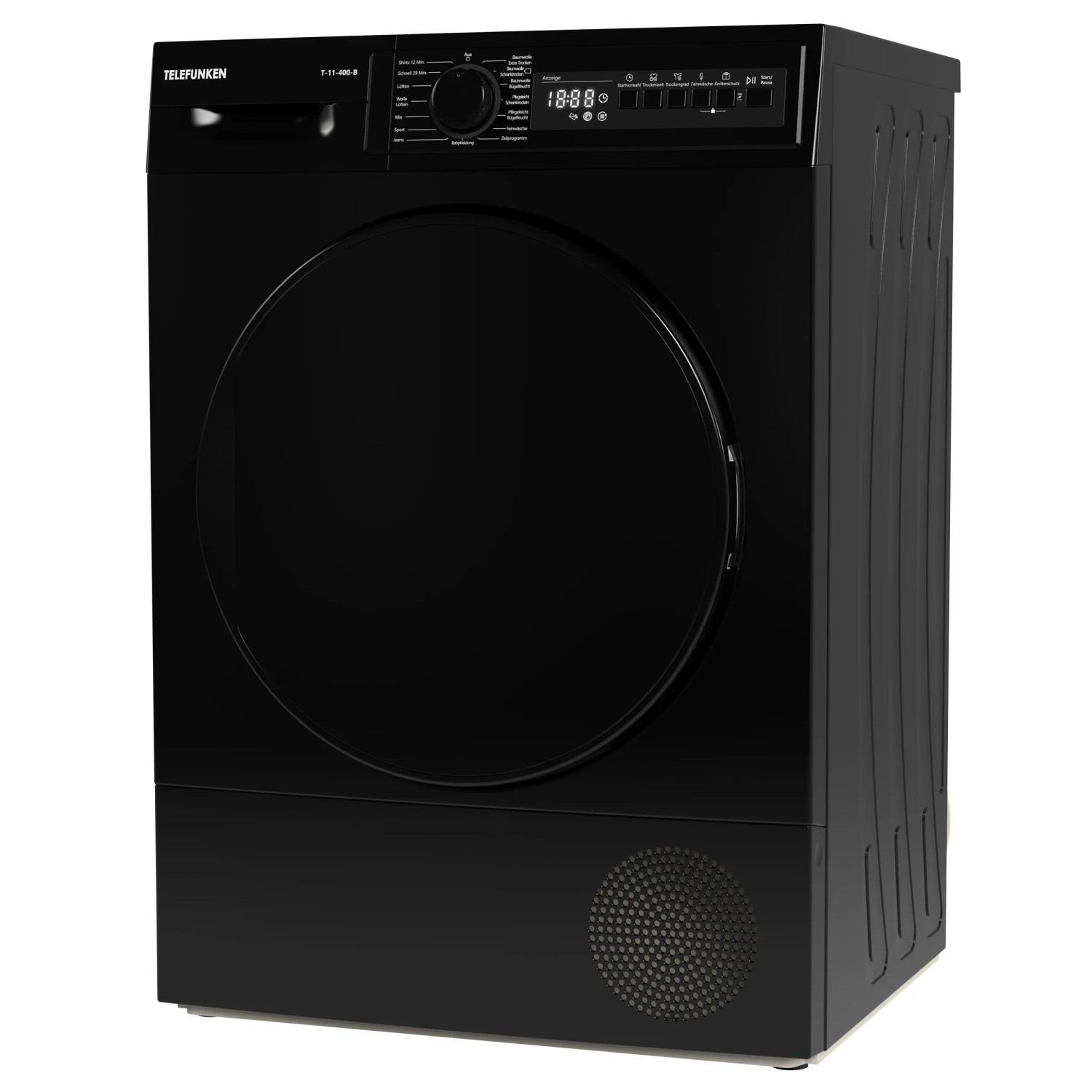 Schwarzer Telefunken Kondenstrockner T-11-400-B mit 7 kg Fassungsvermögen.