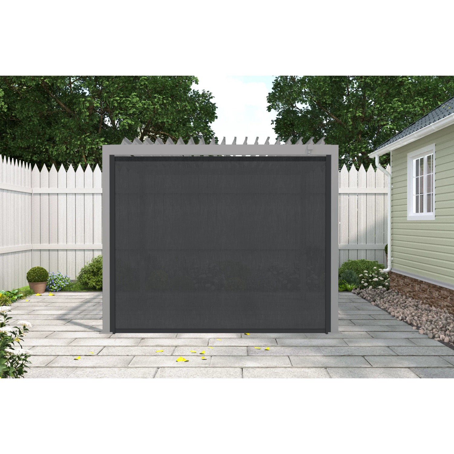 Anthrazitfarbene MWH Rollomarkise 3m an einer Pergola, bietet Sonnenschutz und Windschutz auf der Terrasse.