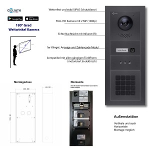 Goliath Video Türsprechanlage mit Zahlencode, RFID, 7 Zoll Display, in Anthrazit. Komplettset für Sicherheit & Haustechnik.