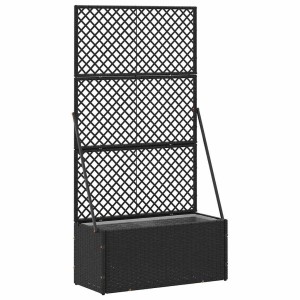 Schwarzer Metall-Pflanzkübel mit geflochtener Optik und Rankgitter für Garten & Balkon. 70x30x135 cm.